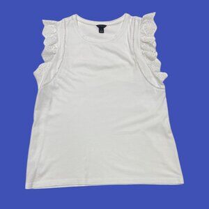 Ann Taylor, White Eyelet Ruffle Sleeve Top, 100% Cotton; Women Size S